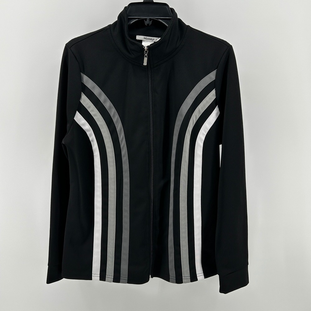 Masseys Full Zip Track Jacket Black Striped Mock‎ Neck L Athletic Sporty Active
